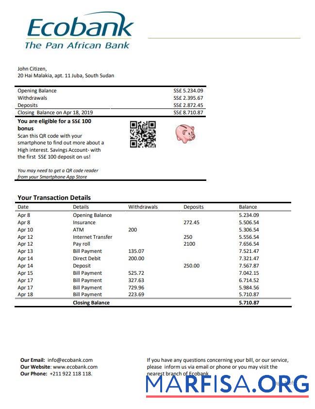 Downloadable South Sudan Ecobank bank statement word example